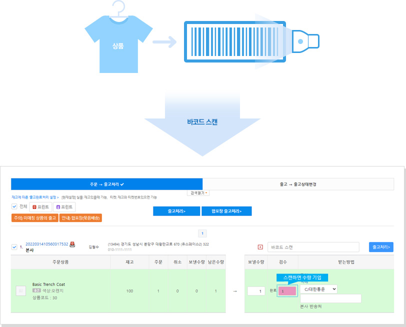 출고 처리 화면에서 상품에 부착된 바코드를 읽으면 해당 상품의 주문건으로 이동을 하며 출고 수량을 입력할 수 있습니다.